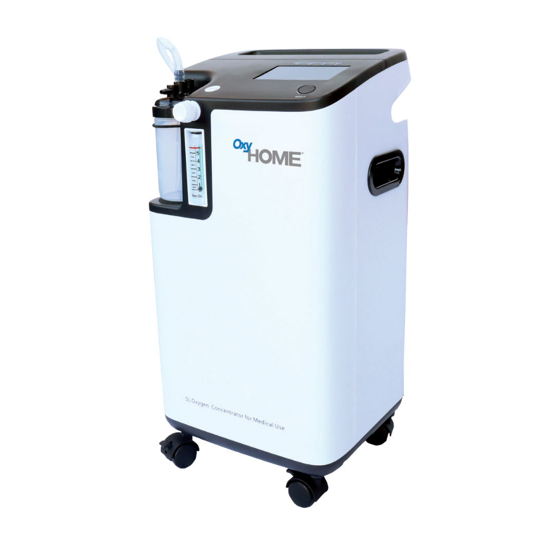 The OxyGo OxyHome 5L Stationary Concentrator is a white and black oxygen machine featuring a top control panel, bottle attachment, and four wheels for easy mobility at home.